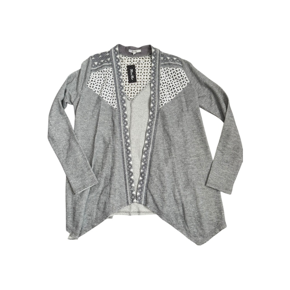 Miss Me Womens Cardigan Gray Open Front Knit Crochet Trim Detail Duster S NWT